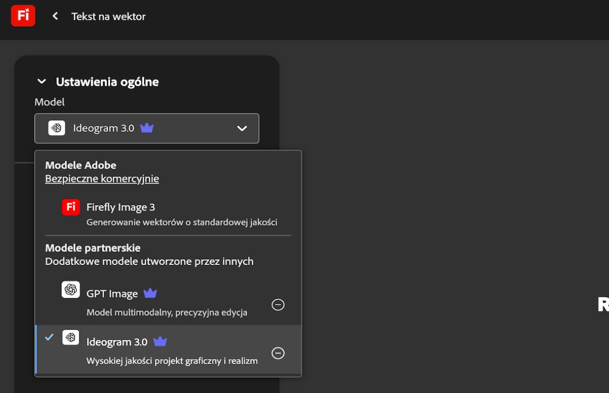 Na stronie Tekst na wektor, w sekcji Ustawienia ogólne, menu rozwijane Model jest otwarte i zawiera modele Adobe oraz modele inne niż Adobe do wyboru. Wybrano obecnie obraz GPT.