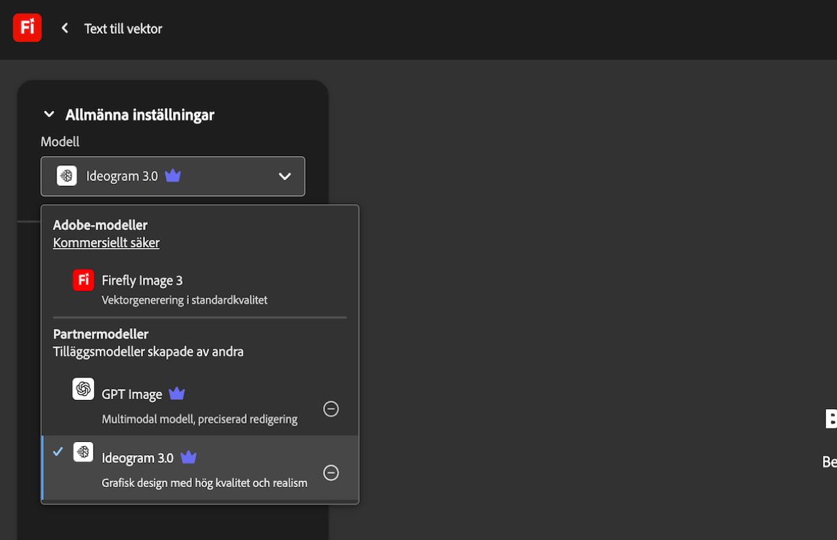 På sidan Text till vektor, under Allmänna inställningar, är listrutan Modell öppen och det finns Adobe-modeller och modeller som inte är från Adobe att välja bland. GPT Image är markerad för tillfället.