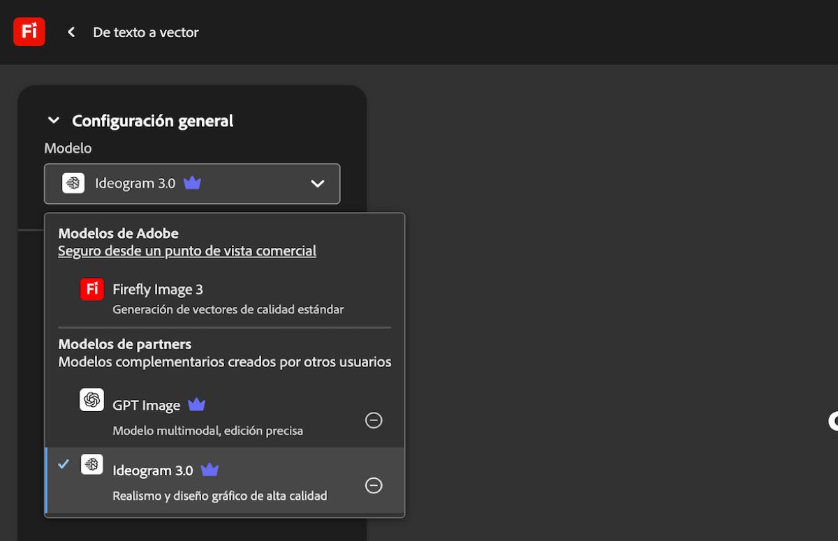 En la página De texto a vector, en Configuración general, el menú desplegable Modelo se abre y se muestran modelos de Adobe y modelos que no son de Adobe entre los que puede elegir. El modelo GPT Image está seleccionado actualmente.