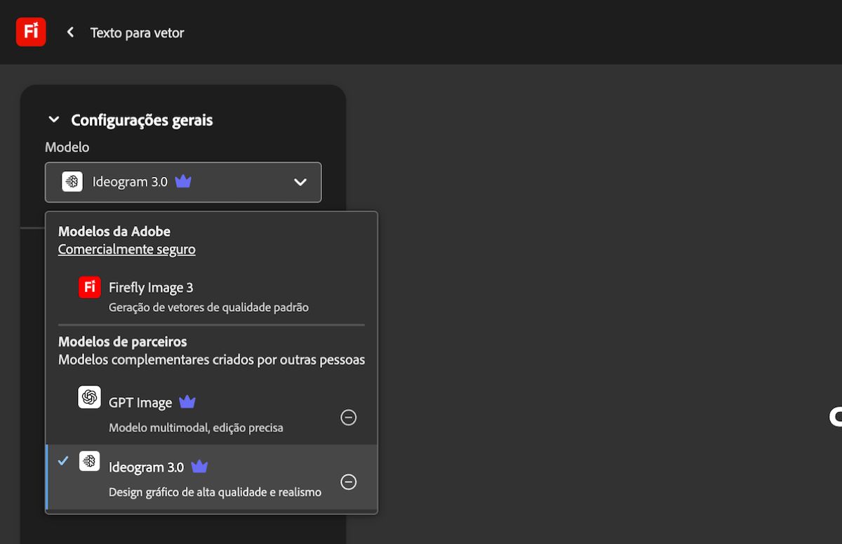 Na página Texto para vetor, em Configurações gerais, o menu suspenso de Modelo está aberto e há modelos Adobe e que não são da Adobe listados para escolha. GPT Image está atualmente selecionado.