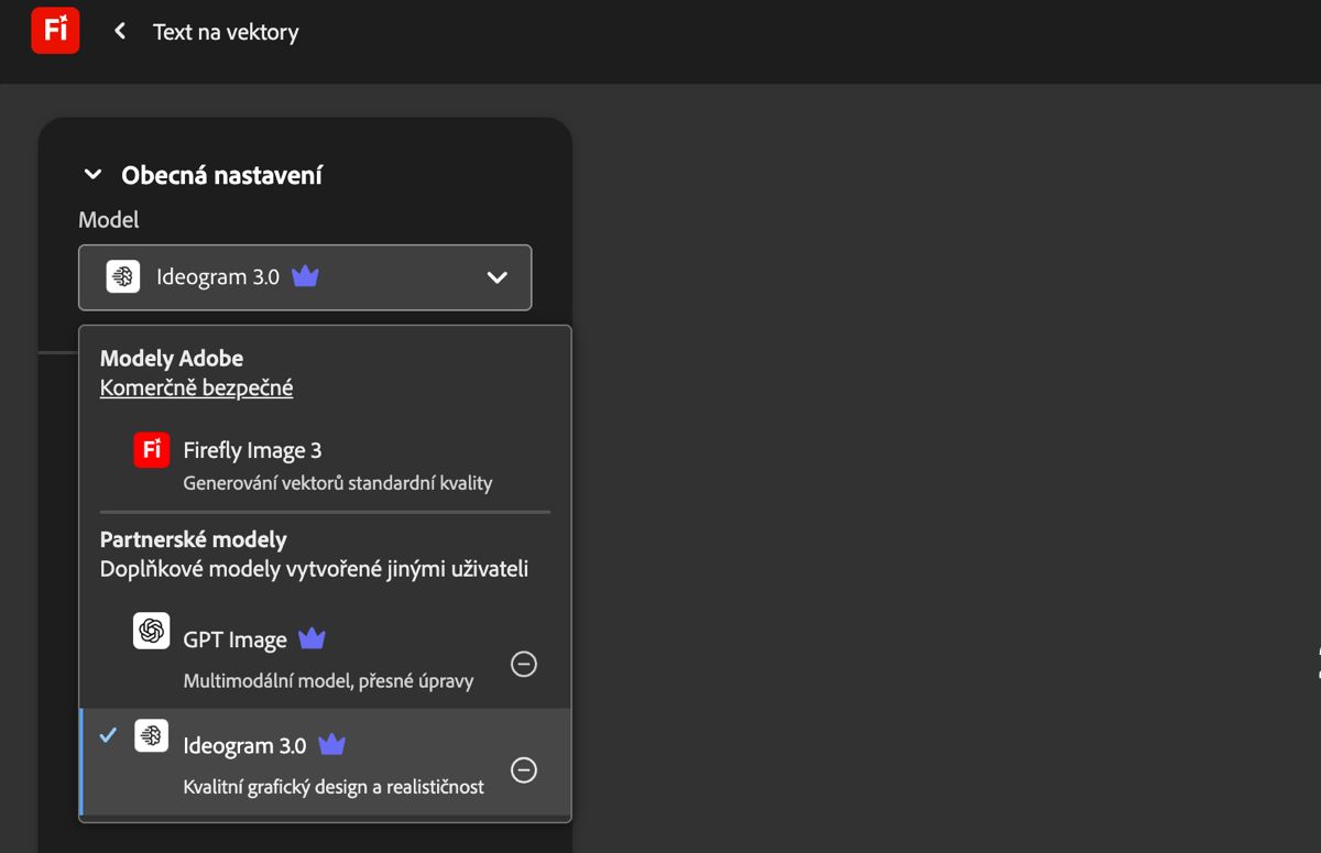 Na stránce Text na vektory v části Obecná nastavení je otevřená rozbalovací nabídka Model, ze které si můžete vybrat model Adobe a model od jiného poskytovatele než Adobe. Momentálně je vybraná možnost GPT Image.