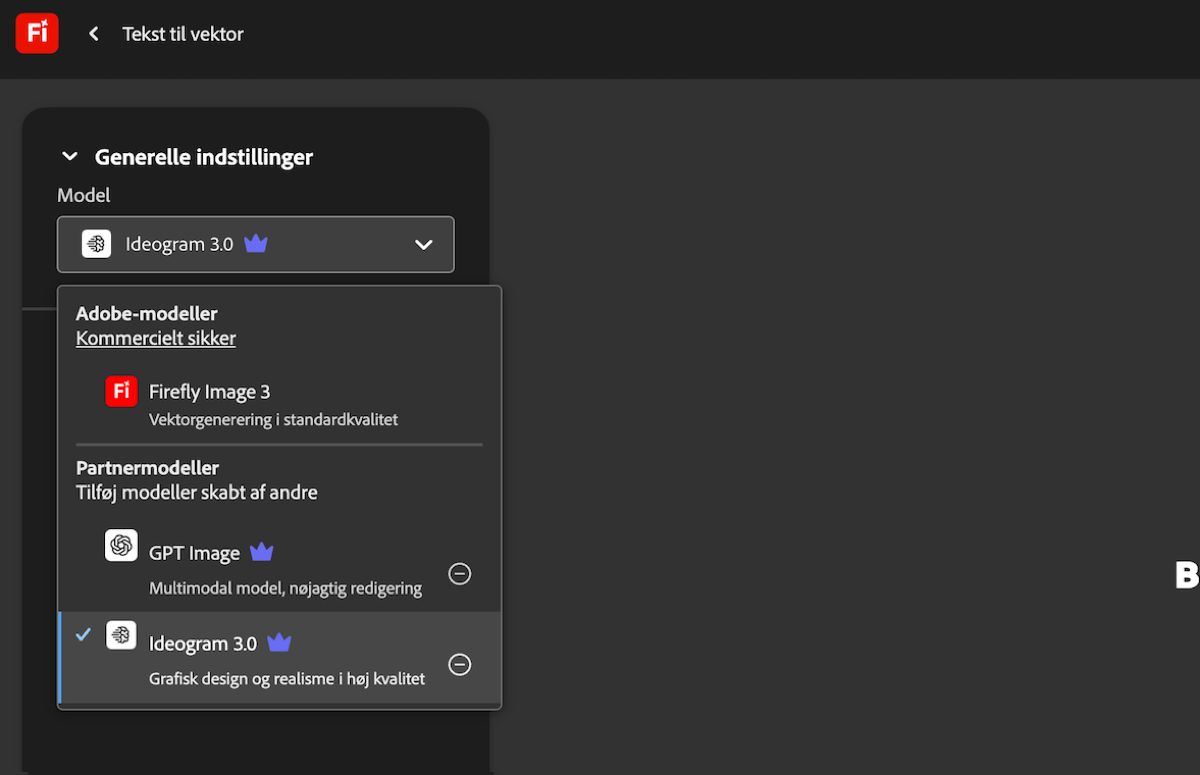 På siden Tekst til vektor under Generelle indstillinger er rullemenuen Model åben, og der er vist en Adobe-model og en ikke-Adobe-model at vælge imellem. GPT Image er valgt.
