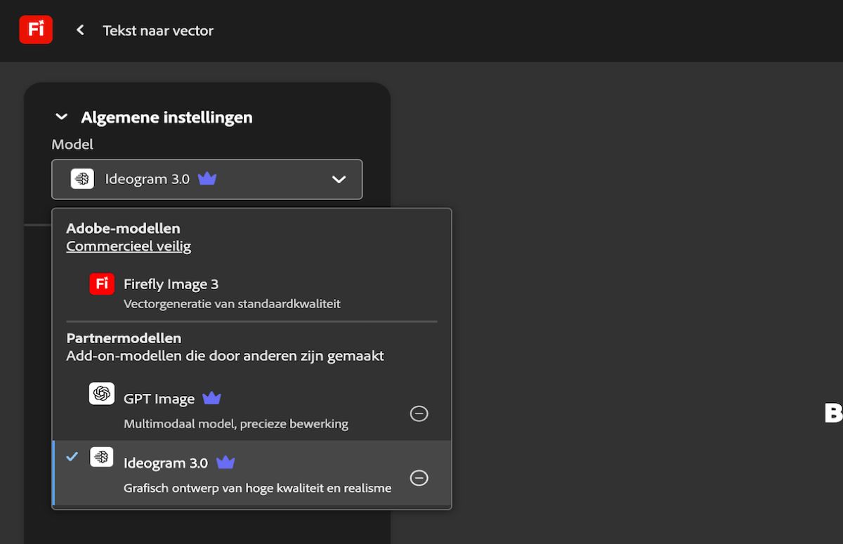 Op de pagina Tekst naar vector, onder Algemene instellingen, is het vervolgkeuzemenu Model geopend en kun je kiezen uit Adobe- en niet-Adobe-modellen. GPT Image is momenteel geselecteerd.