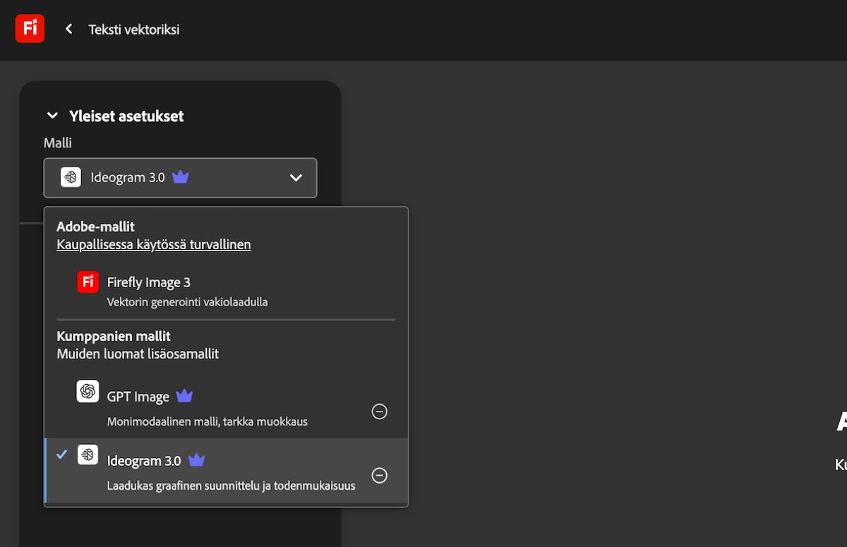 Tekstistä vektoriin -sivun Yleiset asetukset -kohdassa avattava Mallit -valikko on auki, ja valittavissa on sekä Adobe että muu kuin Adobe-malli. GPT Image on parhaillaan valittuna.