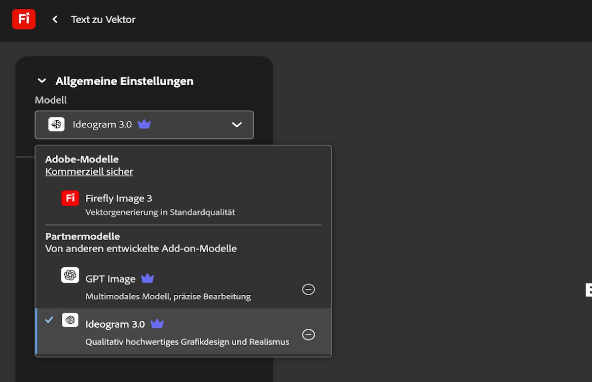 Auf der Seite „Text zu Vektorgrafik“ ist unter „Allgemeine Einstellungen“ das Dropdown-Menü „Modell“ geöffnet. Hier sind die verfügbaren Adobe- und Drittanbieter-Modelle aufgeführt. Derzeit ist GPT Image ausgewählt.
