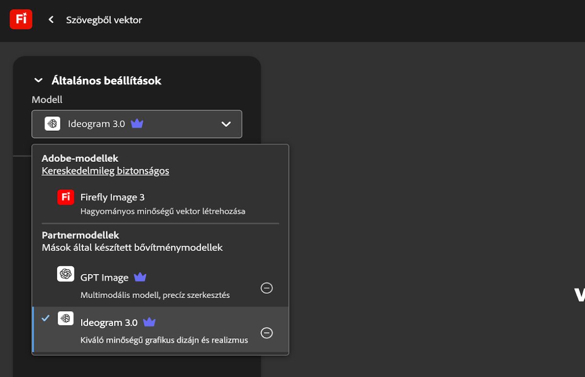 A Szövegből vektor oldalon, az Általános beállítások alatt, a Modell legördülő menü meg van nyitva, és a listában Adobe és nem Adobe modellek közül lehet választani. Jelenleg a GPT Image van kiválasztva.