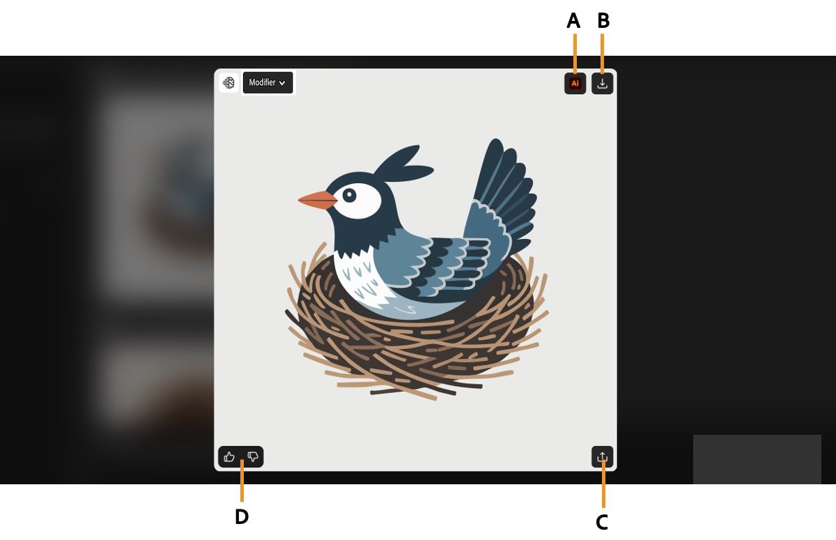 L’image vectorielle générée est sélectionnée et vous pouvez choisir entre plusieurs actions, telles que télécharger, copier, noter et ouvrir dans Illustrator.