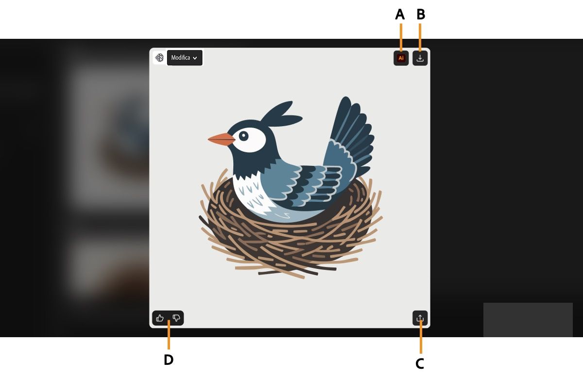 L'immagine vettoriale generata è selezionata e sono disponibili diverse azioni tra cui scegliere, ad esempio scaricare, copiare, valutare e aprirla in Illustrator.
