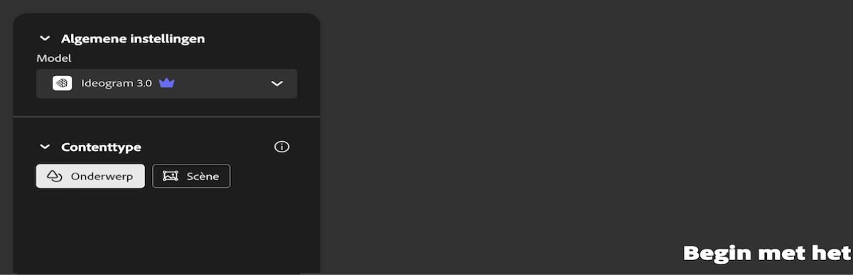 Onder de sectie Contenttype kun je kiezen uit twee opties: Onderwerp en Scène. Momenteel is de optie Onderwerp geselecteerd.