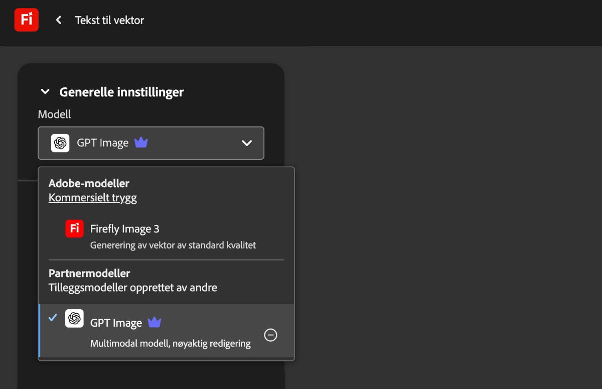 Under Generelle innstillinger på Tekst til vektor-siden er Modell-rullegardinmenyen åpen, og det er oppført Adobe- og ikke-Adobe-modeller å velge mellom. GPT Image er valgt for øyeblikket.