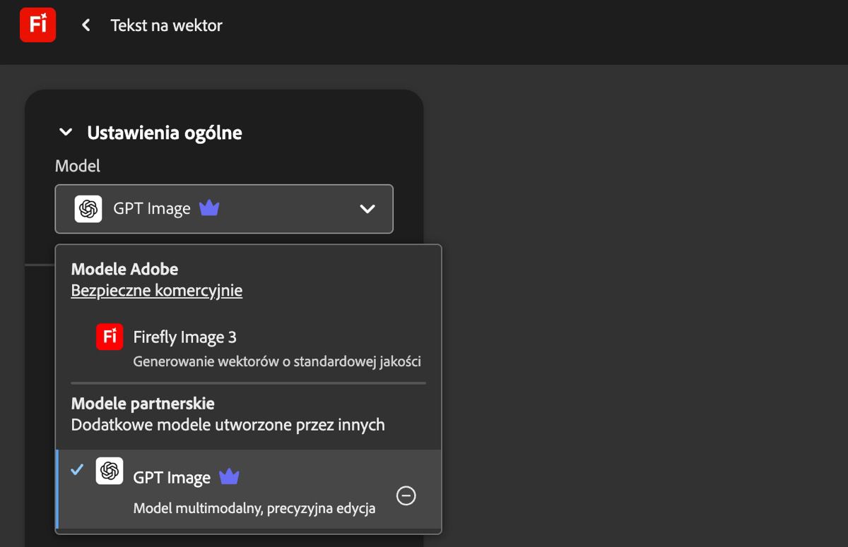 Na stronie Tekst na wektor, w sekcji Ustawienia ogólne, menu rozwijane Model jest otwarte i zawiera modele Adobe oraz modele inne niż Adobe do wyboru. Wybrano obecnie obraz GPT.