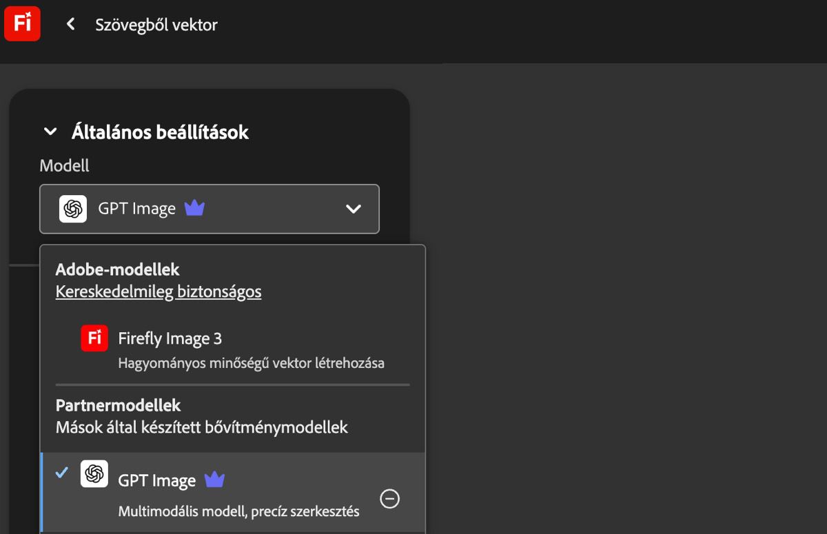 A Szövegből vektor oldalon, az Általános beállítások alatt, a Modell legördülő menü meg van nyitva, és a listában Adobe és nem Adobe modellek közül lehet választani. Jelenleg a GPT Image van kiválasztva.