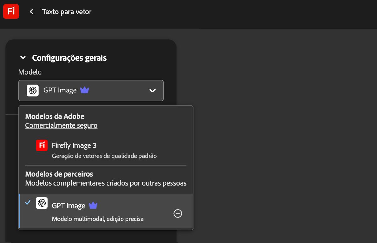 Na página Texto para vetor, em Configurações gerais, o menu suspenso de Modelo está aberto e há modelos Adobe e que não são da Adobe listados para escolha.GPT Image está atualmente selecionado.