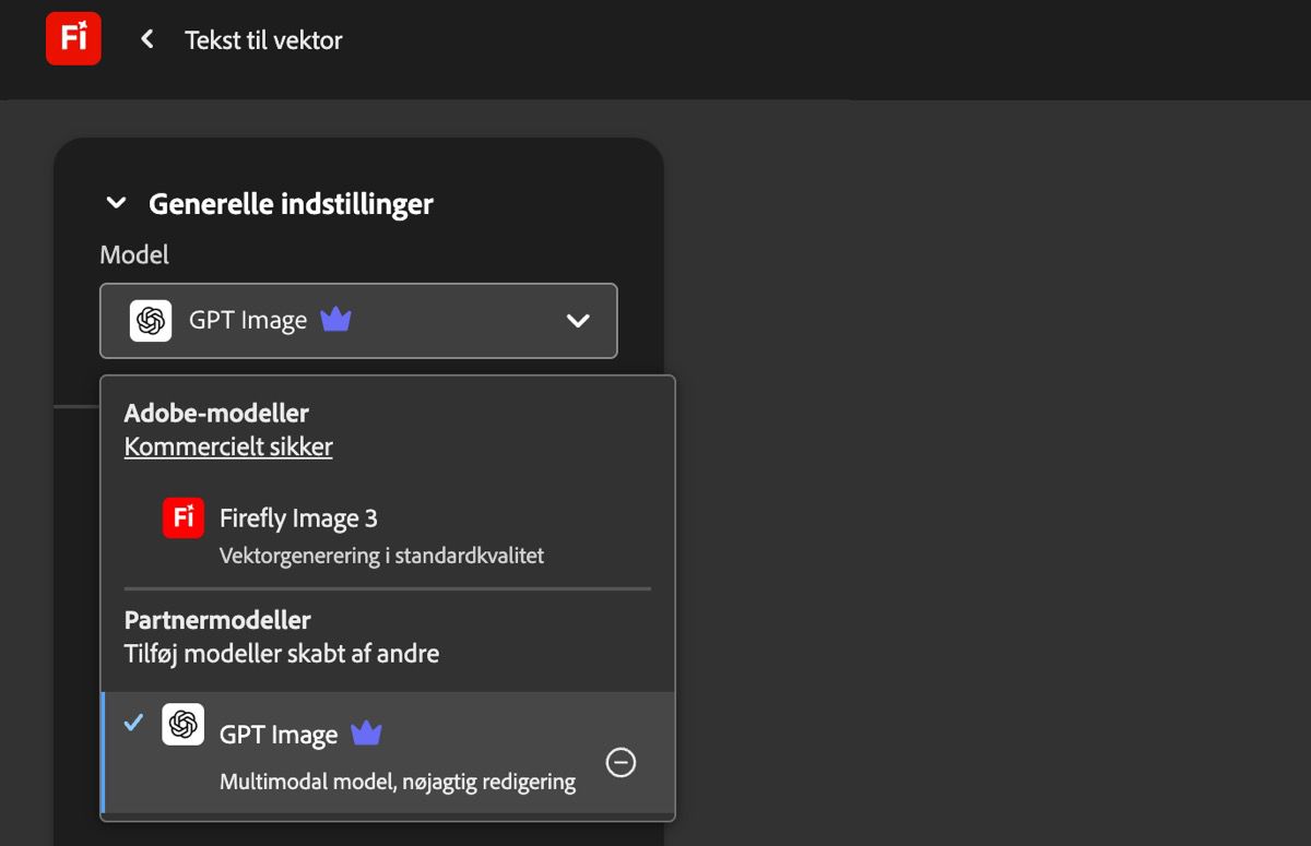 På siden Tekst til vektor under Generelle indstillinger er rullemenuen Model åben, og der er vist en Adobe-model og en ikke-Adobe-model at vælge imellem. GPT Image er valgt.