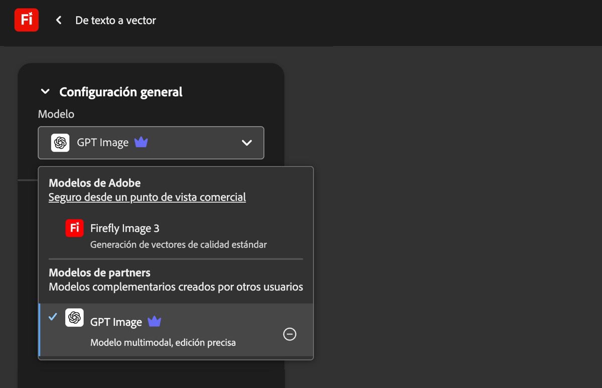 En la página De texto a vector, en Configuración general, el menú desplegable Modelo se abre y se muestran modelos de Adobe y modelos que no son de Adobe entre los que puede elegir. El modelo GPT Image está seleccionado actualmente.