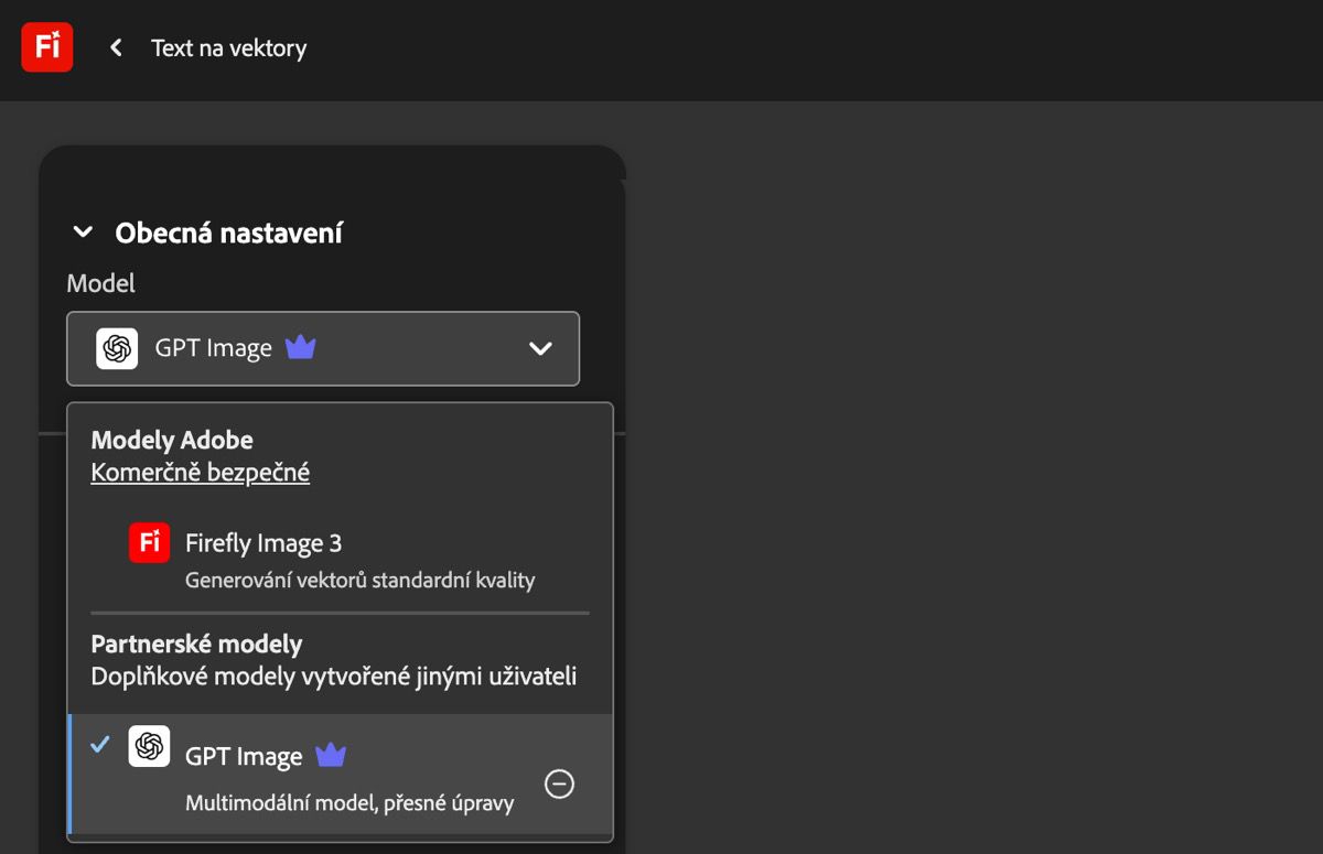 Na stránce Text na vektory v části Obecná nastavení je otevřená rozbalovací nabídka Model, ze které si můžete vybrat model Adobe a model od jiného poskytovatele než Adobe.Momentálně je vybraná možnost GPT Image.