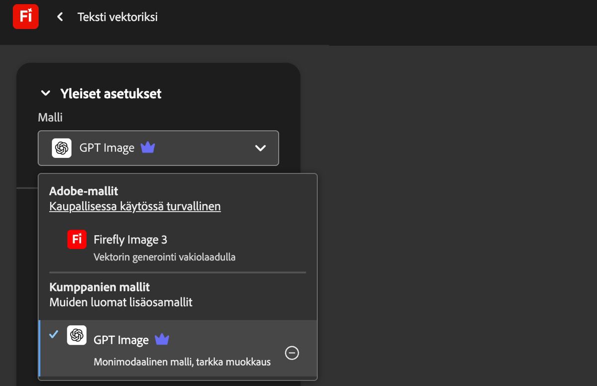 Tekstistä vektoriin -sivun Yleiset asetukset -kohdassa avattava Mallit -valikko on auki, ja valittavissa on sekä Adobe että muu kuin Adobe-malli.GPT Image on parhaillaan valittuna.