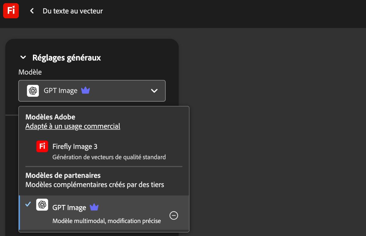 Sur la page Du texte au vecteur, sous Réglages généraux, le menu déroulant Modèle est ouvert, et une liste de modèles Adobe et non Adobe est disponible. Le modèle GPT Image est actuellement sélectionné.