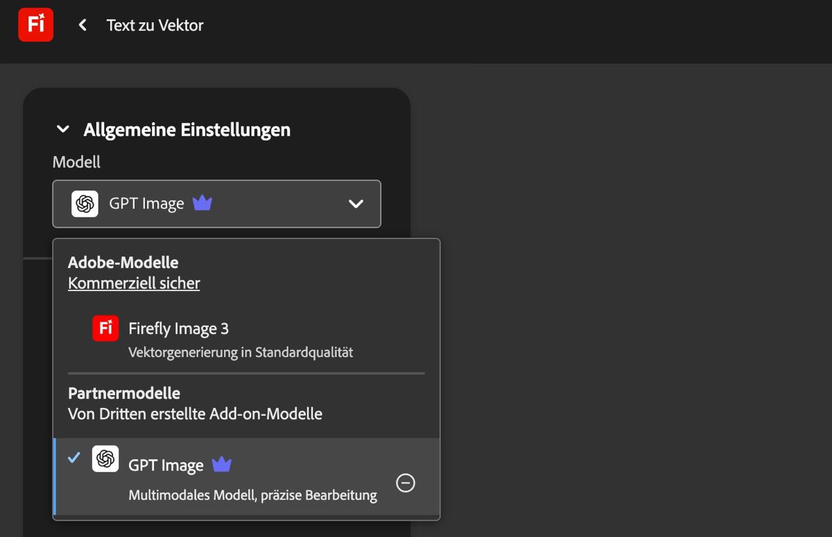 Auf der Seite „Text zu Vektorgrafik“ ist unter „Allgemeine Einstellungen“ das Dropdown-Menü „Modell“ geöffnet. Hier sind die verfügbaren Adobe- und Drittanbieter-Modelle aufgeführt. Derzeit ist GPT Image ausgewählt.