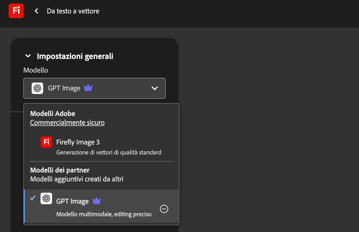 Nella pagina Da testo a vettore, all'interno di Impostazioni generali, il menu a discesa Modello è aperto e sono elencati modelli di Adobe e non di Adobe tra cui scegliere. Attualmente è selezionata l'opzione GPT Image.