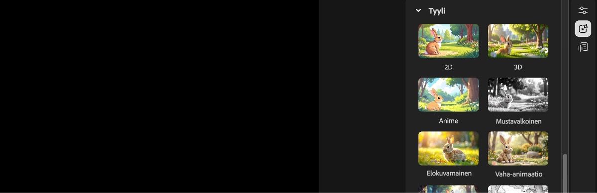 Videoeditorin näytössä näkyy Tyyli-paneeli ja esimääritysvaihtoehtoja, kuten 2D, 3D, Anime, Elokuvamainen ja Vaha-animaatio.