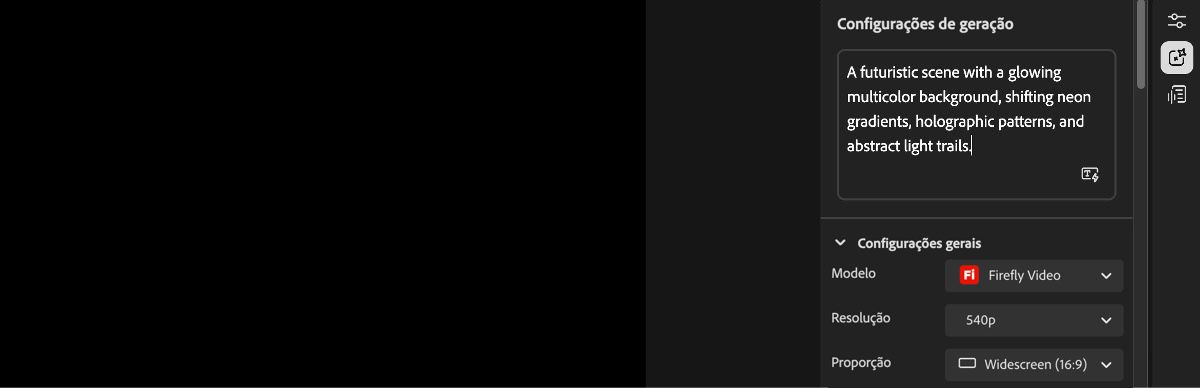 A tela inicial do editor de Vídeo exibe o painel Configurações de geração à direita e uma caixa de texto para inserir um prompt.