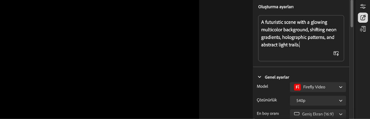 Video düzenleyici ana ekranı, sağda Oluşturma ayarları panelini ve bir istem girmek için metin kutusunu görüntüler.