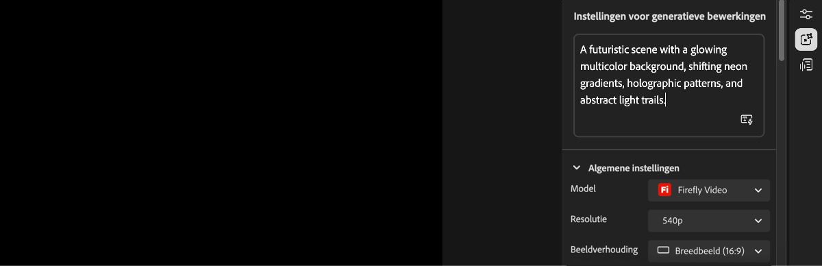 Op het startscherm van de video-editor staat aan de rechterkant het deelvenster Instellingen voor genereren en een tekstvak voor het invoeren van een opdracht.