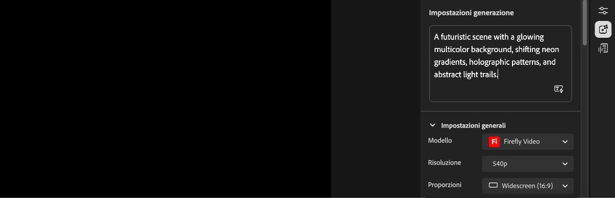 La schermata iniziale dell'editor video mostra il pannello Impostazioni di generazione sulla destra e una casella di testo per inserire un prompt.