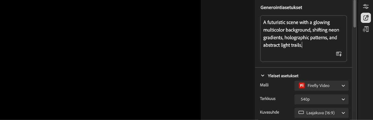 Videoeditorin aloitusnäytön oikeassa laidassa näkyy Generointiasetukset-paneeli, ja näytössä on tekstiruutu, johon voi kirjoittaa kehotteen.