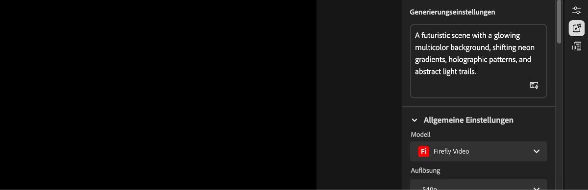 Auf dem Startbildschirm des Video-Editors wird auf der rechten Seite das Bedienfeld für Generierungseinstellungen und ein Textfeld für die Eingabe einer Beschreibung angezeigt.