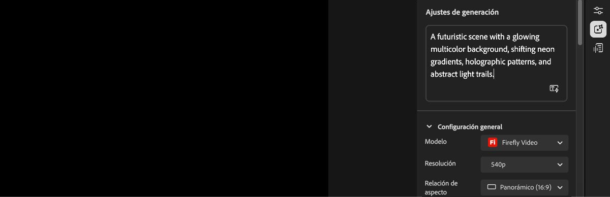 La pantalla de inicio del editor de vídeo muestra el panel Configuración de generación a la derecha y un cuadro de texto para introducir una indicación.