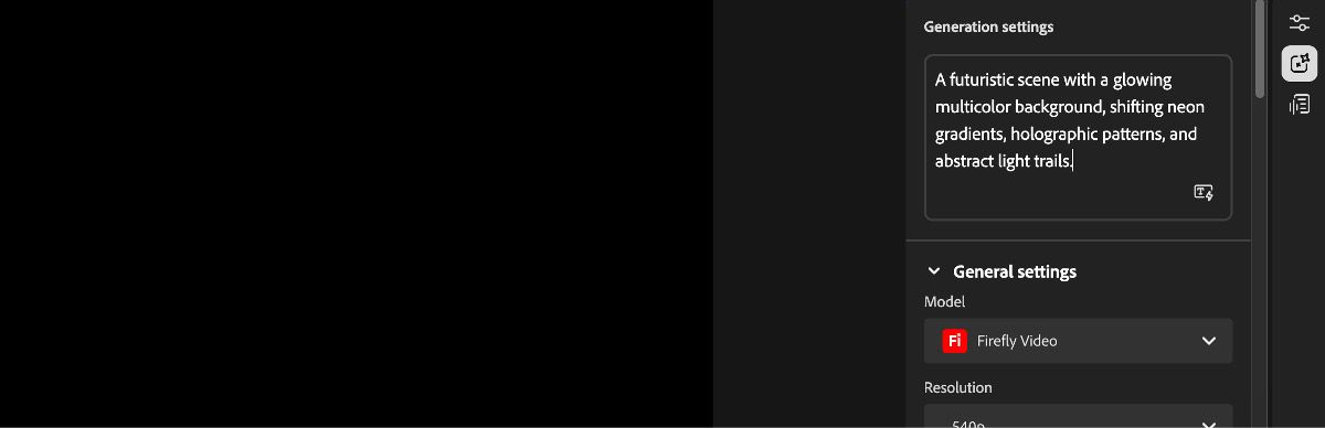 The Video editor home screen displays the Generation settings panel on the right, and a text box for entering a prompt.