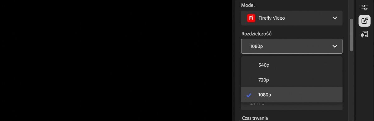 Ekran edytora wideo wyświetla menu rozwijane Rozdzielczość, używane do ustawiania rozdzielczości generowanego wideo.