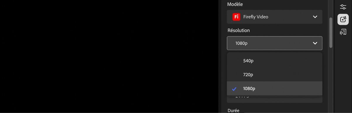 L’écran Éditeur de vidéo affiche le menu déroulant Résolution, utilisé pour définir la résolution de la vidéo générée.