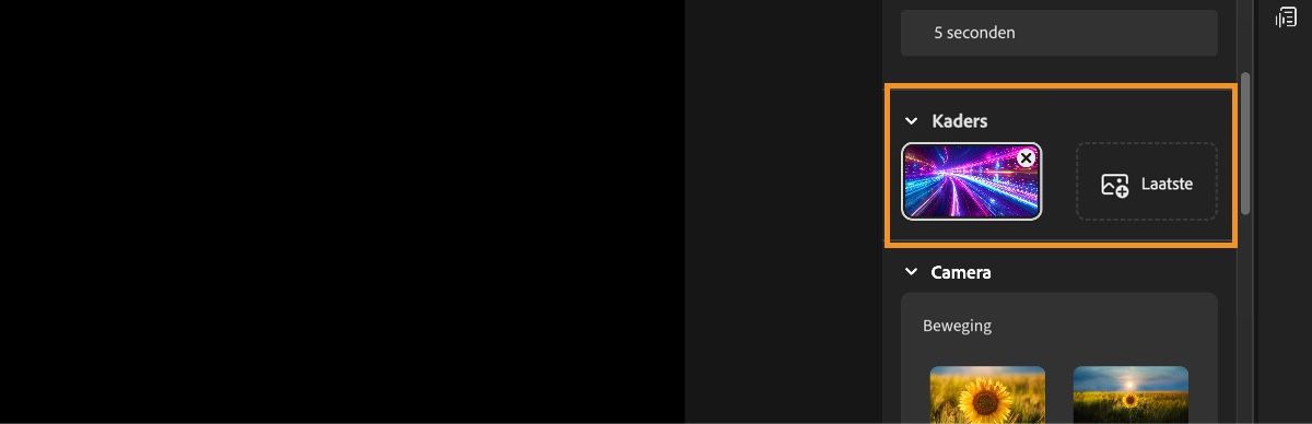 Het scherm van de video-editor toont de Keyframes sectie met een geüploade afbeelding als eerste keyframe.