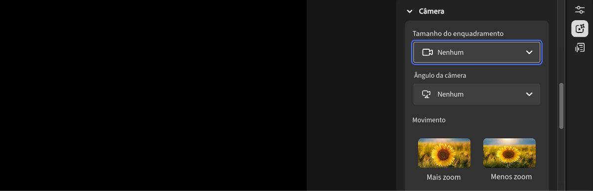 A tela do editor de Vídeo exibe o painel Configurações da câmera com opções para tamanho do plano, ângulo da câmera e movimento.