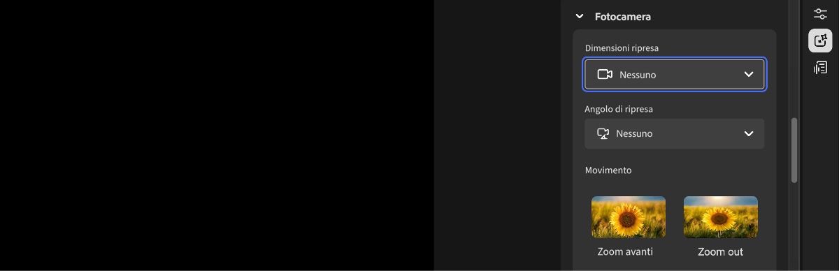 La schermata dell'editor video mostra il pannello Impostazioni telecamera con opzioni per dimensione dell'inquadratura, angolazione della telecamera e movimento.