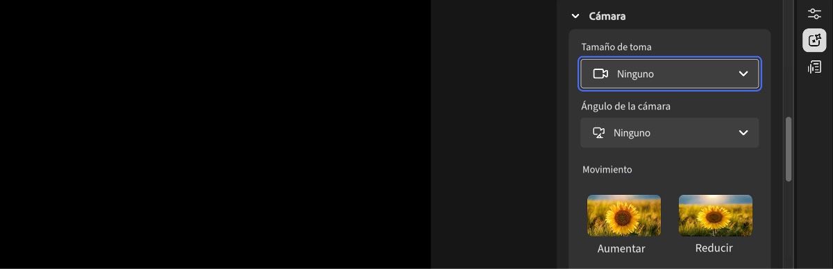 La pantalla del editor de vídeo muestra el panel de ajustes de la cámara con opciones de tamaño de disparo, ángulo de cámara y movimiento.