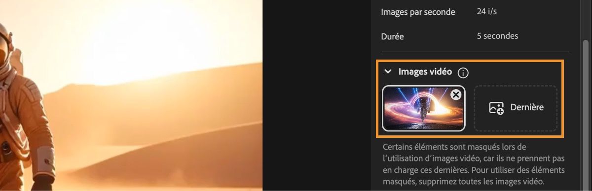 L’écran de l’Éditeur de vidéos affiche la section Images clés avec une image chargée comme première image clé.