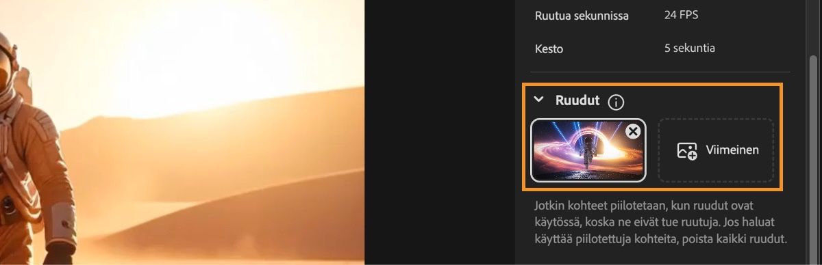 Videoeditorin näytössä näkyy Avainruudut-osio ja ensimmäiseksi avainruuduksi ladattu kuva.