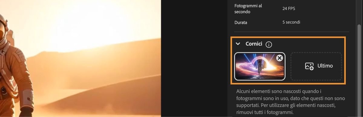 La schermata dell'editor video mostra la sezione Fotogrammi chiave con un'immagine caricata come primo fotogramma chiave.