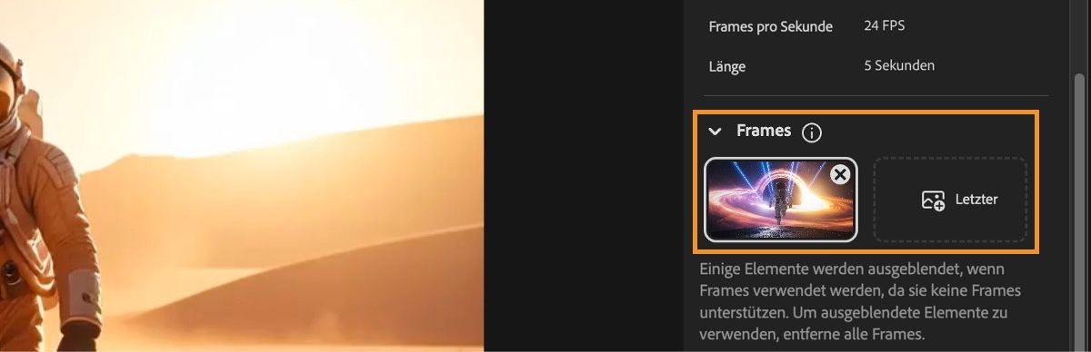 Der Video-Editor-Bildschirm zeigt den Keyframes-Bereich mit einem hochgeladenen Bild als ersten Keyframe.