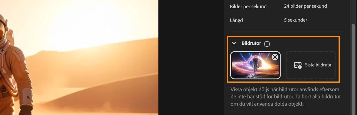 Videoredigerarskärmen visar avsnittet Nyckelbilder med en uppladdad bild som första nyckelbild.