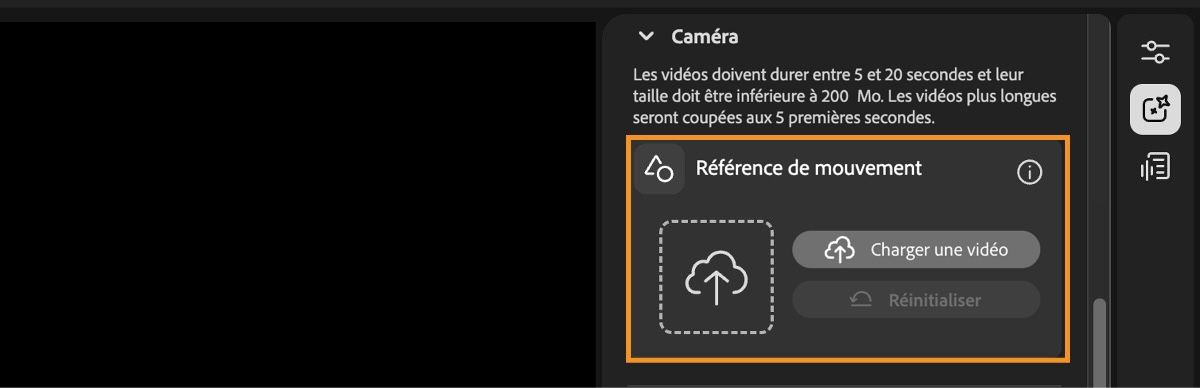L’écran de l’éditeur vidéo affiche les paramètres de composition avec l’option pour charger une vidéo de référence ou réinitialiser.