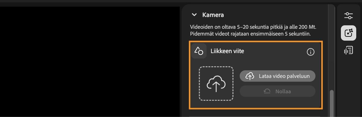 Videoeditorin näytössä näkyy Sommittelu-asetusten asetus, jossa palvelun voi ladata viitevideon tai nollata asetuksen.