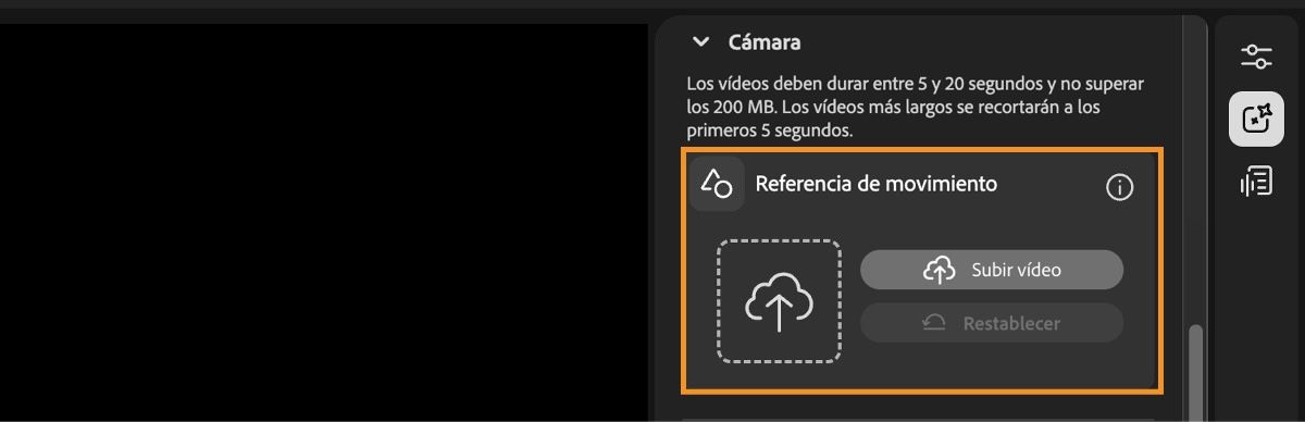 La pantalla del editor de vídeo muestra Configuración de composición con la opción de cargar un vídeo de referencia o restablecer.