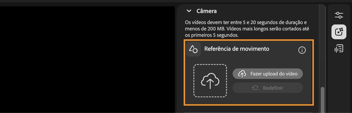 A tela do editor de vídeo exibe as configurações de composição com a opção de carregar ou redefinir um vídeo de referência.