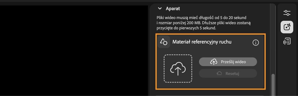 Na ekranie edytora wideo wyświetlane są ustawienia kompozycji wraz z opcją przesłania wideo referencyjnego lub resetu.