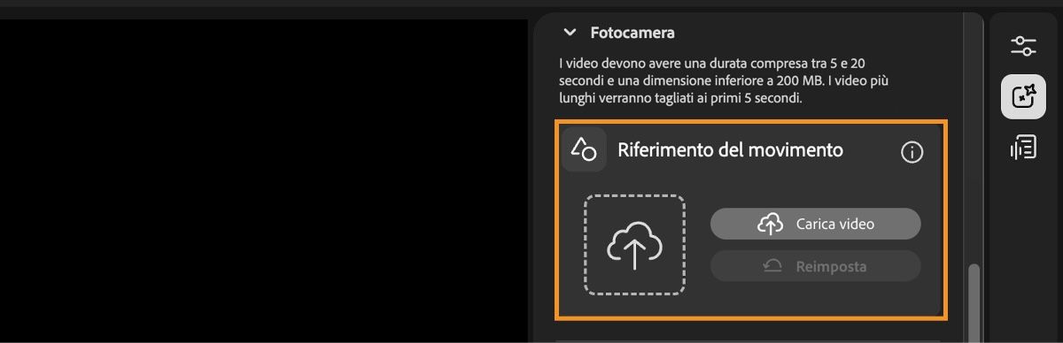 La schermata dell'Editor video mostra le impostazioni di Composizione con l'opzione di caricare un video di riferimento o reimpostare la scelta.